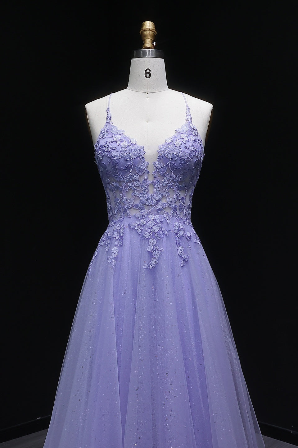 Lilac Lace Deep V-Neck A-Line Prom Dress with Tulle Skirt SH251 Sheer Fairy