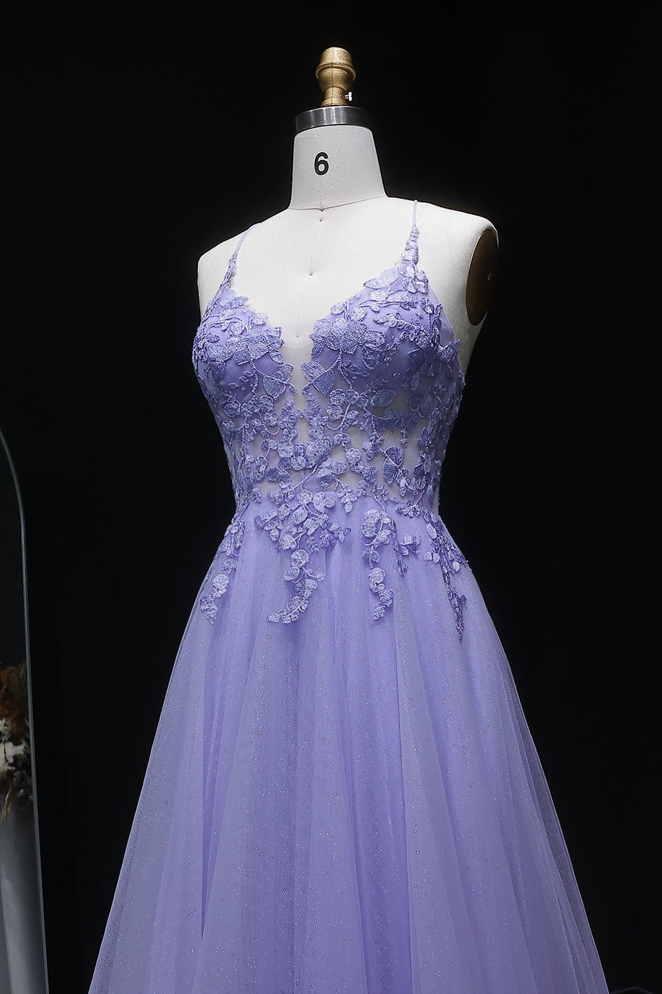 Lilac Lace Deep V-Neck A-Line Prom Dress with Tulle Skirt SH251 Sheer Fairy