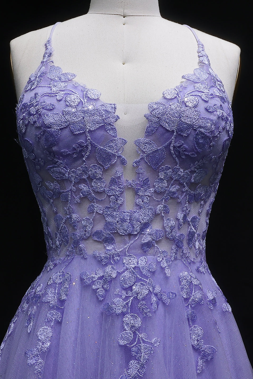 Lilac Lace Deep V-Neck A-Line Prom Dress with Tulle Skirt SH251 Sheer Fairy