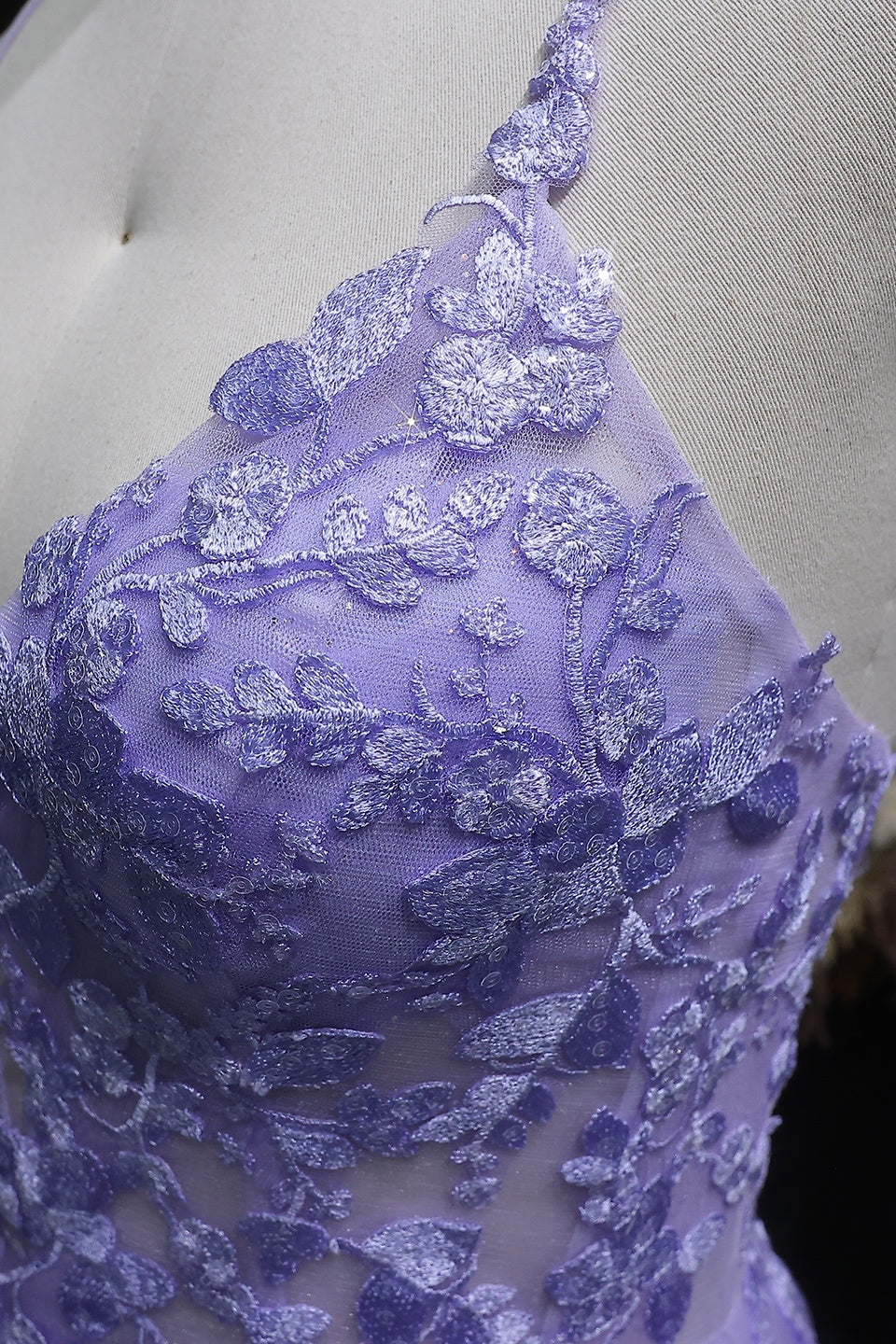 Lilac Lace Deep V-Neck A-Line Prom Dress with Tulle Skirt SH251 Sheer Fairy