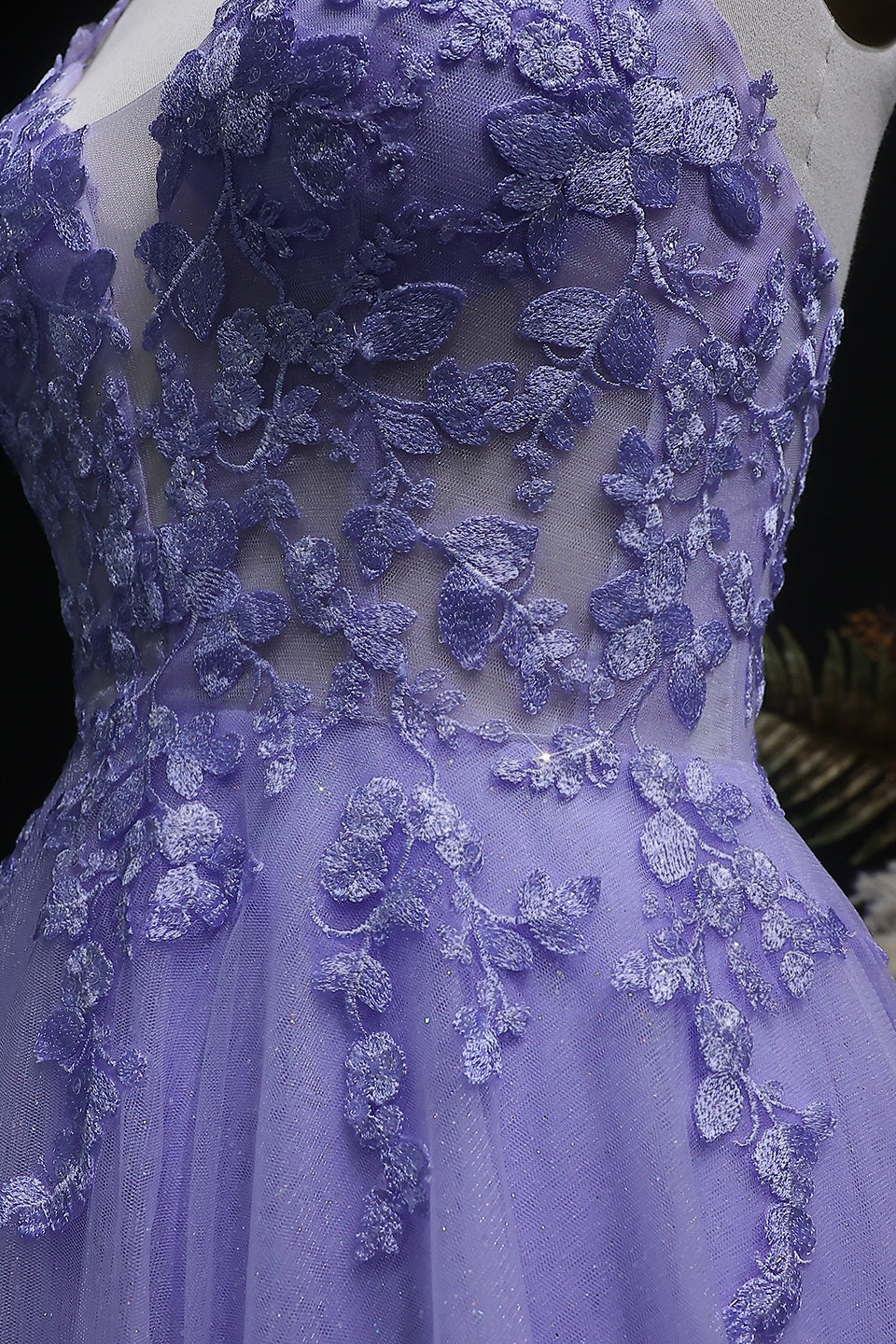 Lilac Lace Deep V-Neck A-Line Prom Dress with Tulle Skirt SH251 Sheer Fairy