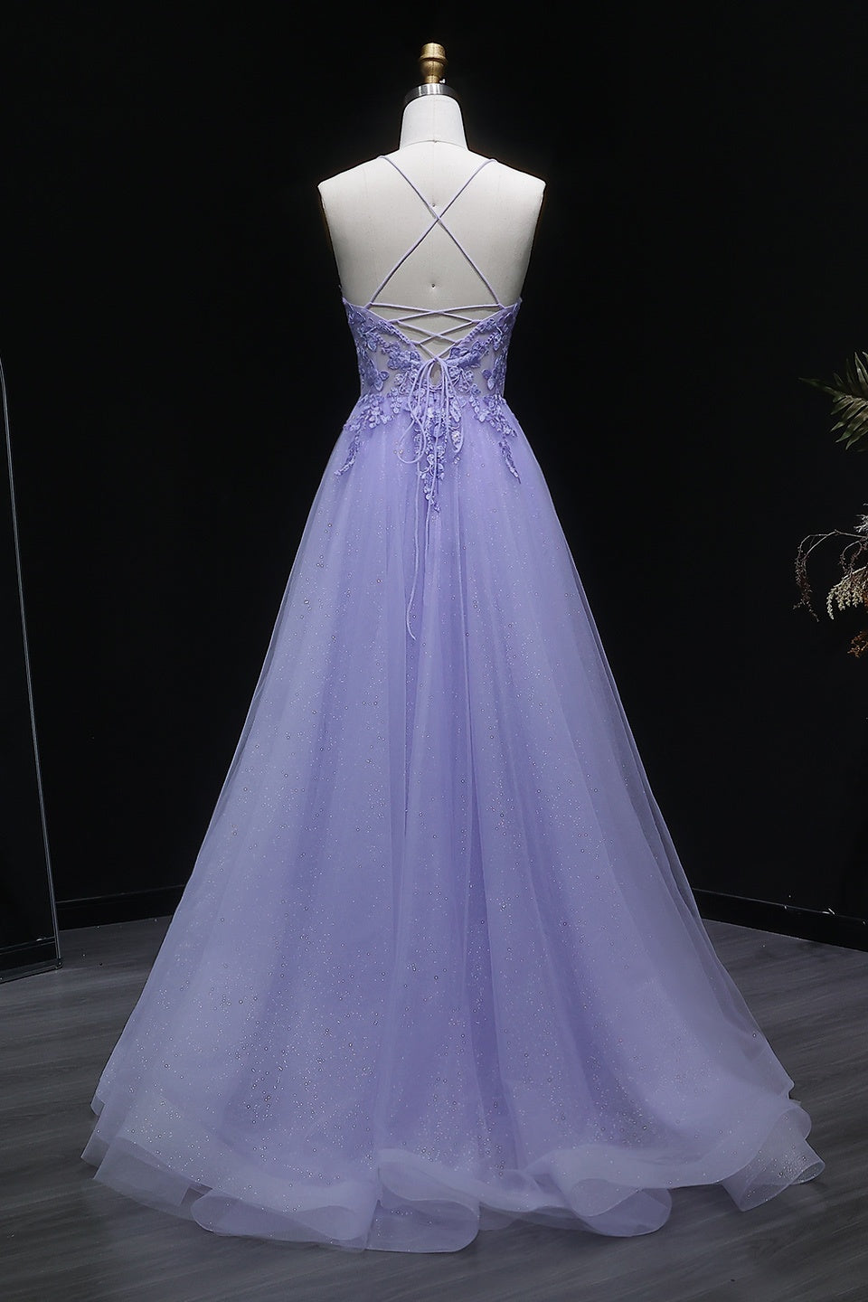 Lilac Lace Deep V-Neck A-Line Prom Dress with Tulle Skirt SH251 Sheer Fairy