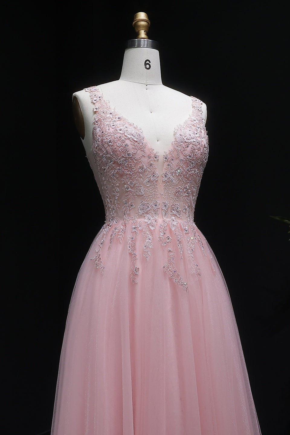 Blush Pink Tulle Deep V-Neck A-Line Prom Dress with Beaded Lace SH252 Sheer Fairy