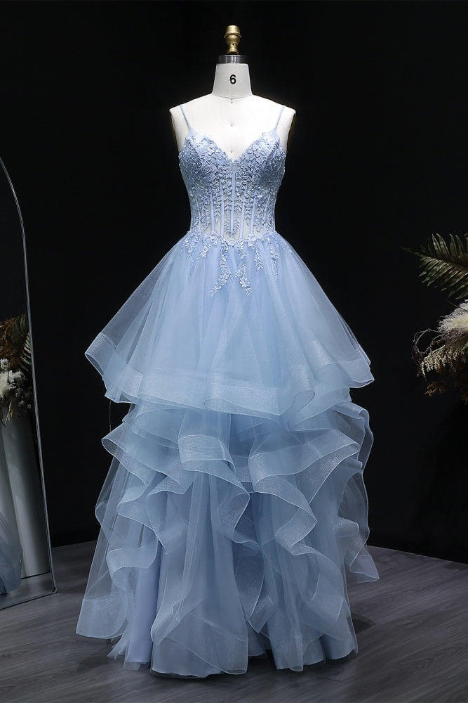 Light Blue Tiered Ruffled Tulle Ballgown Prom Dress SH255 Sheer Fairy