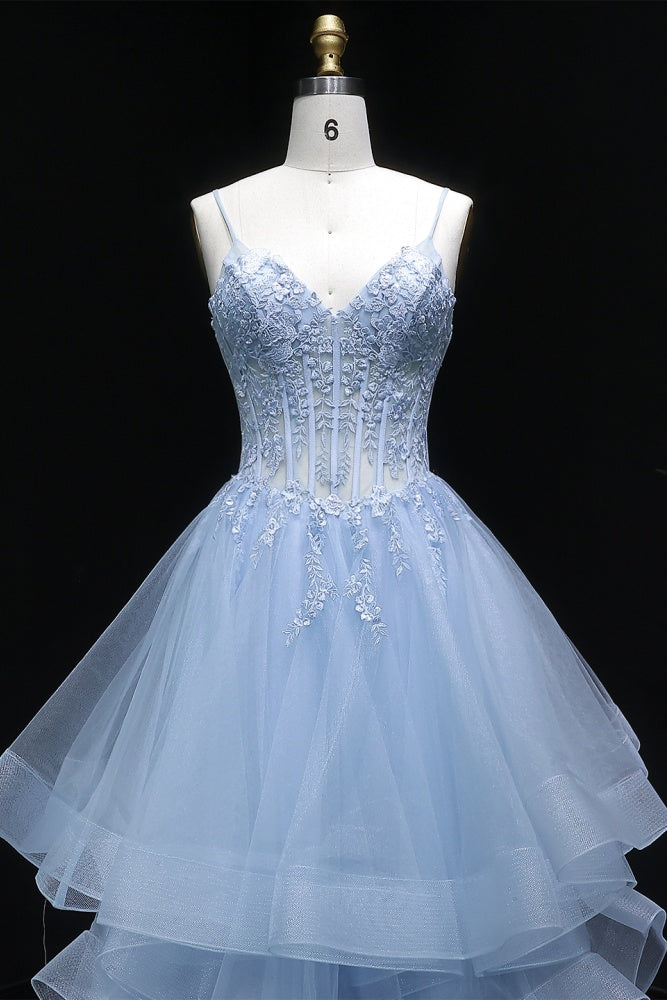 Light Blue Tiered Ruffled Tulle Ballgown Prom Dress SH255 Sheer Fairy