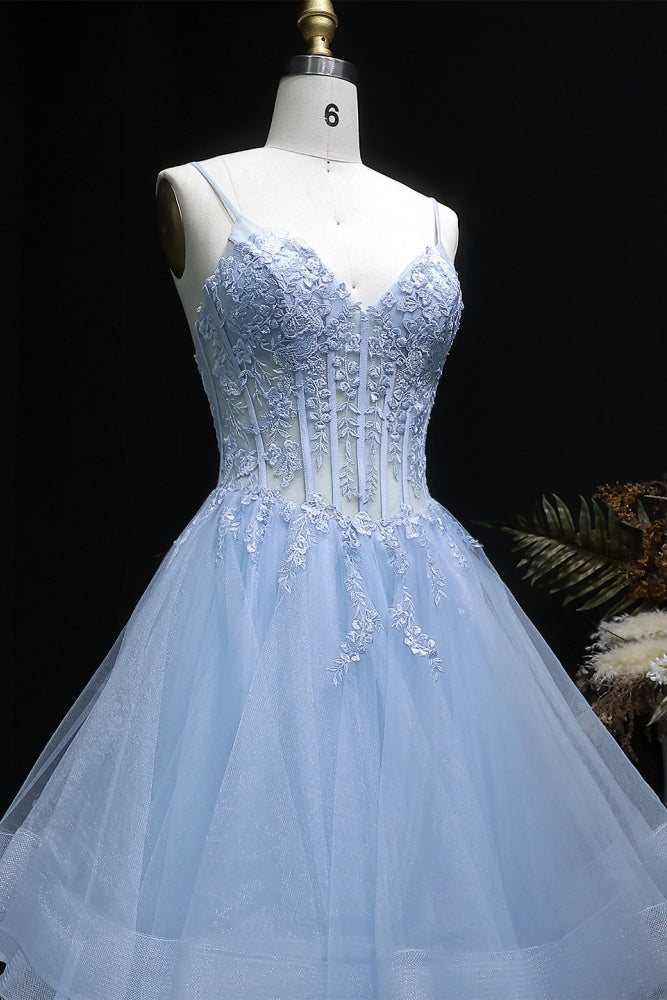 Light Blue Tiered Ruffled Tulle Ballgown Prom Dress SH255 Sheer Fairy