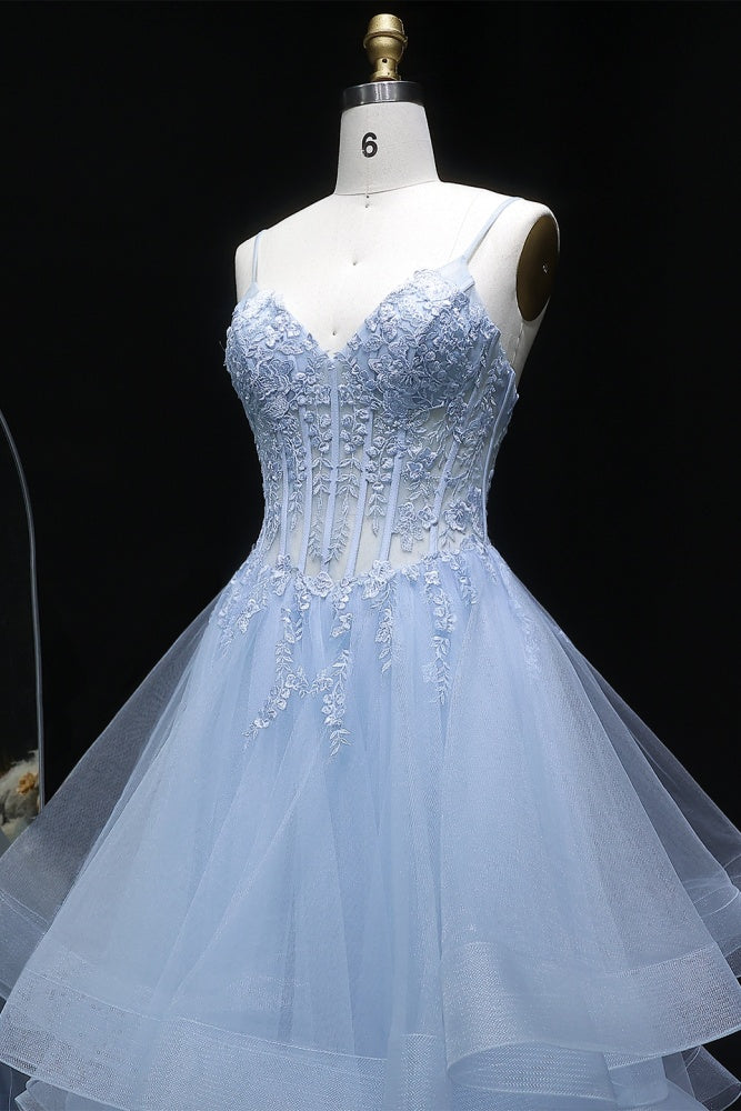 Light Blue Tiered Ruffled Tulle Ballgown Prom Dress SH255 Sheer Fairy