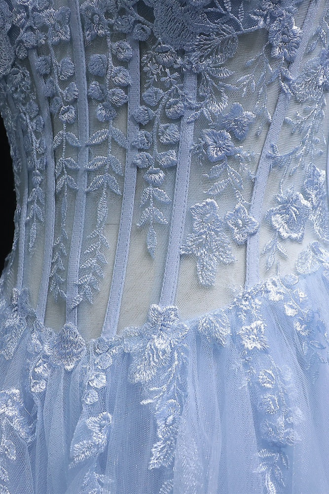 Light Blue Tiered Ruffled Tulle Ballgown Prom Dress SH255 Sheer Fairy