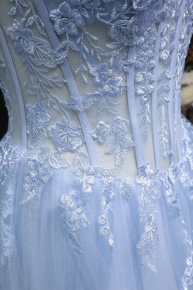 Light Blue Tiered Ruffled Tulle Ballgown Prom Dress SH255 Sheer Fairy