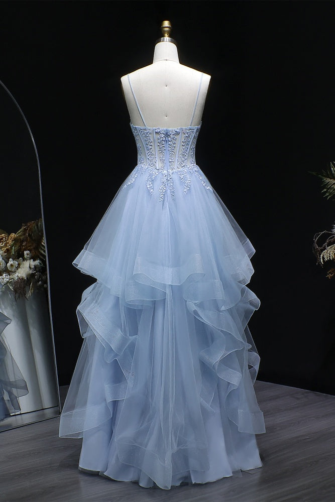 Light Blue Tiered Ruffled Tulle Ballgown Prom Dress SH255 Sheer Fairy