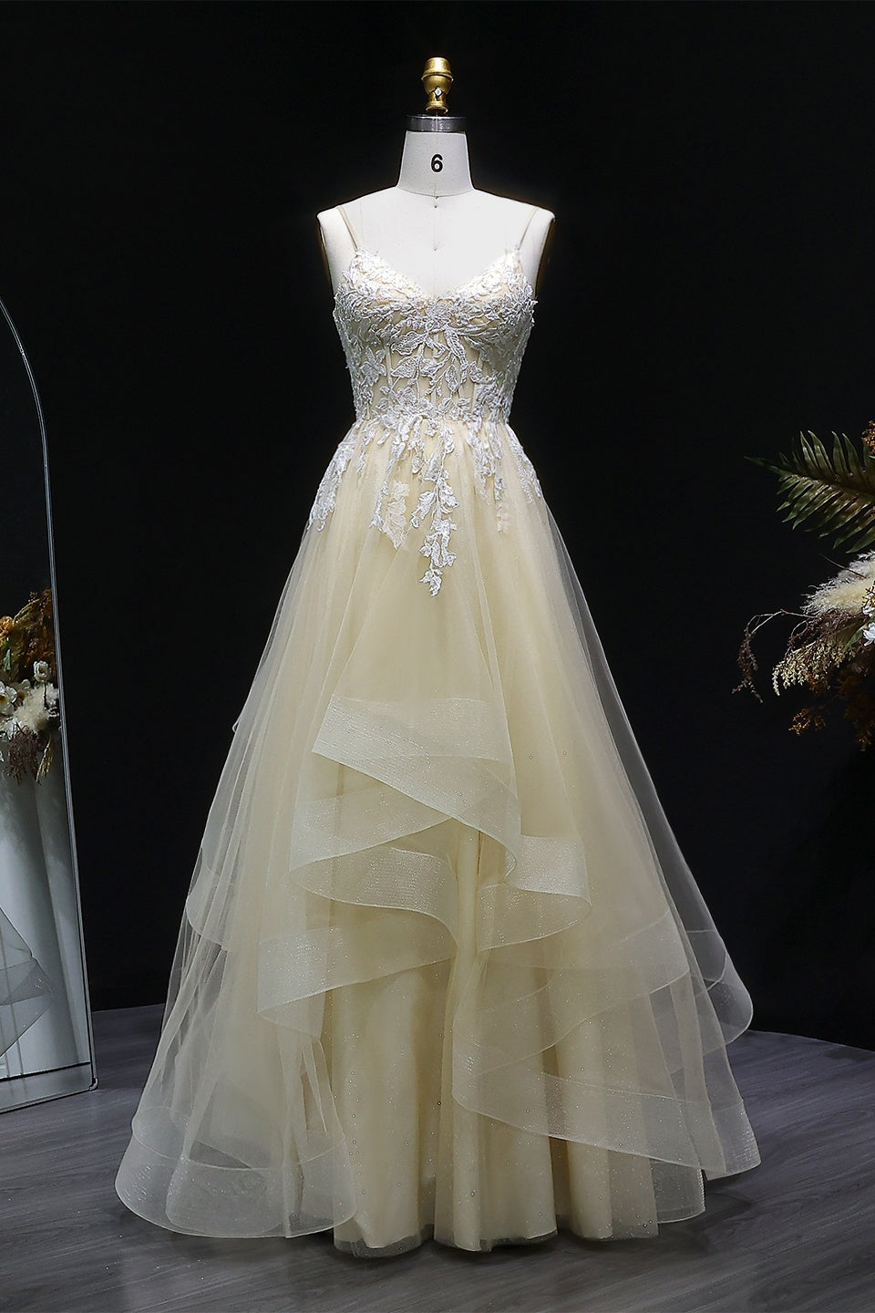 Ivory Tiered Ruffled Tulle Square Neck A-Line Prom Dress SH257 Sheer Fairy