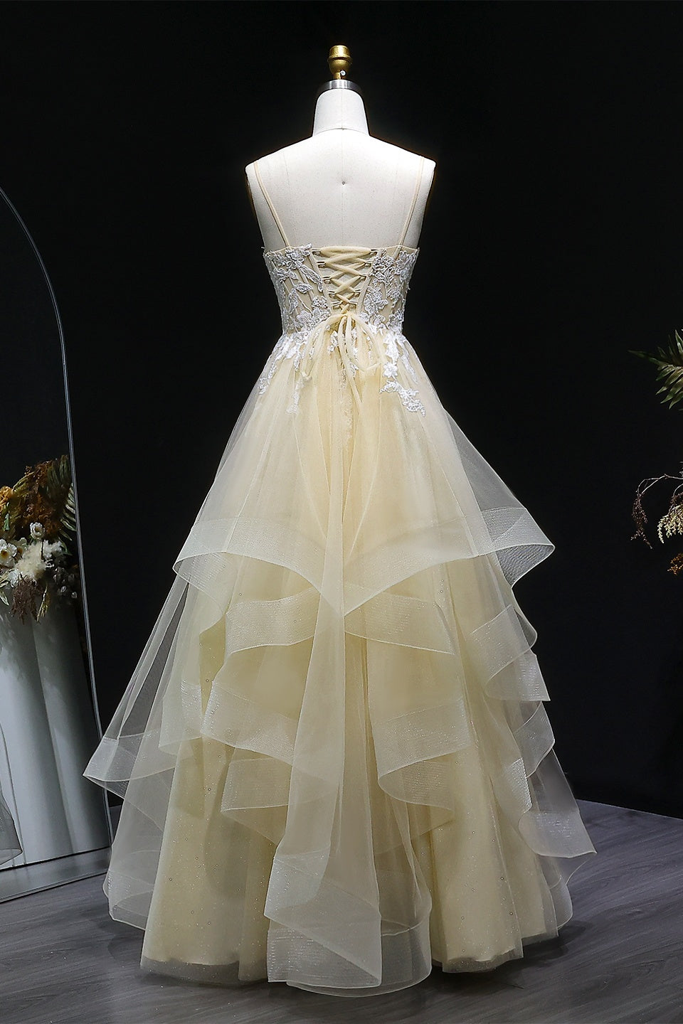 Ivory Tiered Ruffled Tulle Square Neck A-Line Prom Dress SH257 Sheer Fairy
