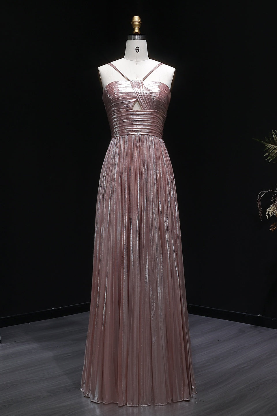 Dusty Rose Metallic Pleated A-Line Cross-Strap Back Prom Dress SH259 Sheer Fairy