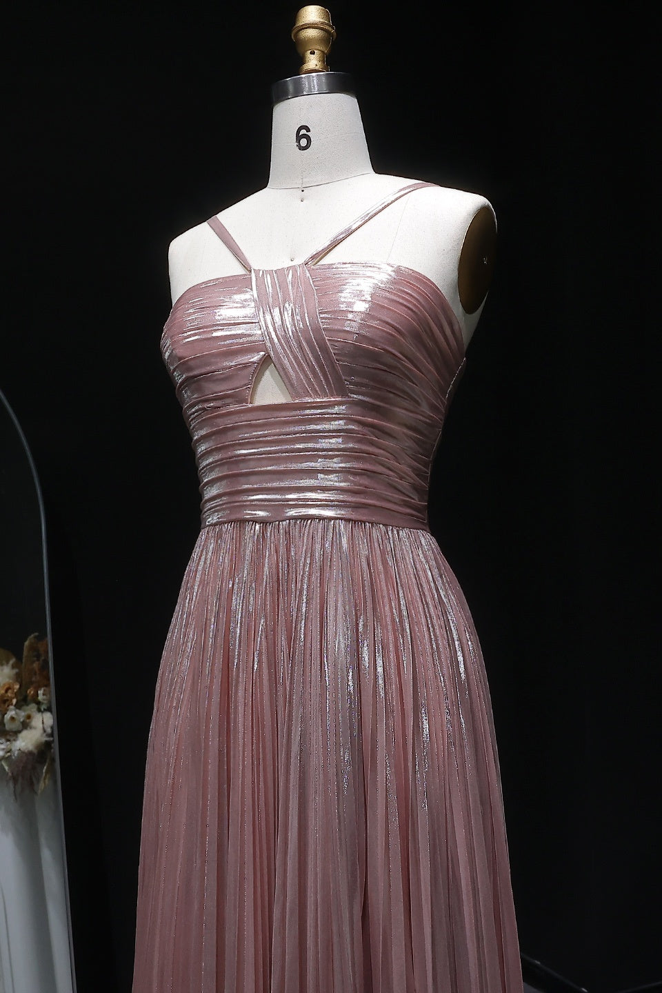Dusty Rose Metallic Pleated A-Line Cross-Strap Back Prom Dress SH259 Sheer Fairy