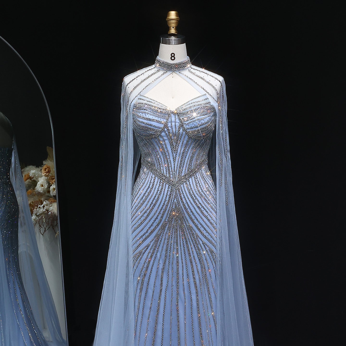 Glamorous Champagne Beaded Prom Dress with Cape Effect and Keyhole Neck SH309 Sheer Fairy