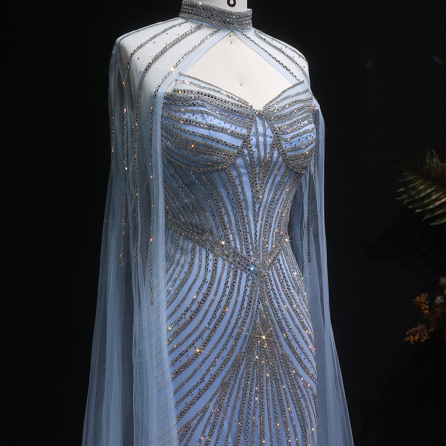 Glamorous Champagne Beaded Prom Dress with Cape Effect and Keyhole Neck SH309 Sheer Fairy