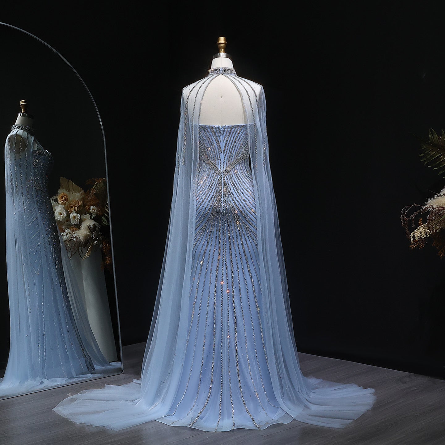 Glamorous Champagne Beaded Prom Dress with Cape Effect and Keyhole Neck SH309 Sheer Fairy