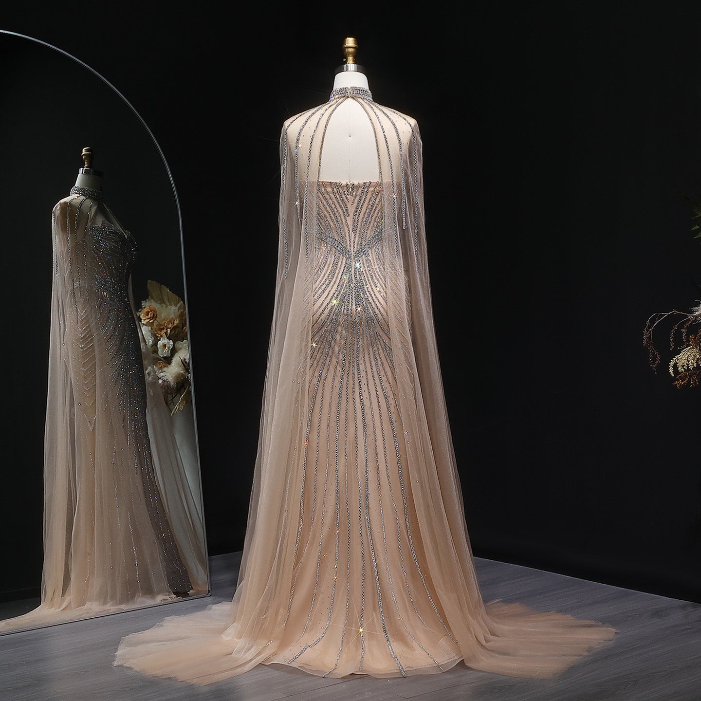 Glamorous Champagne Beaded Prom Dress with Cape Effect and Keyhole Neck SH309 Sheer Fairy