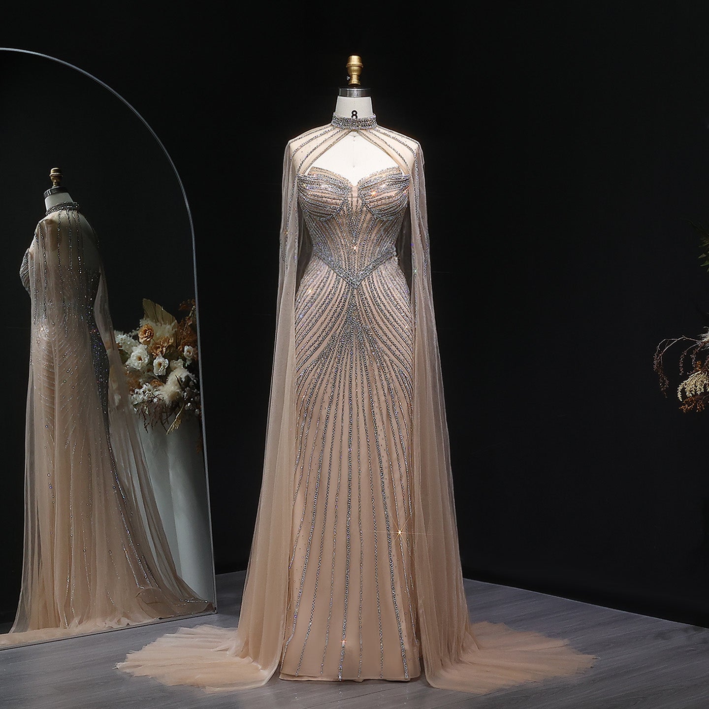 Glamorous Champagne Beaded Prom Dress with Cape Effect and Keyhole Neck SH309 Sheer Fairy