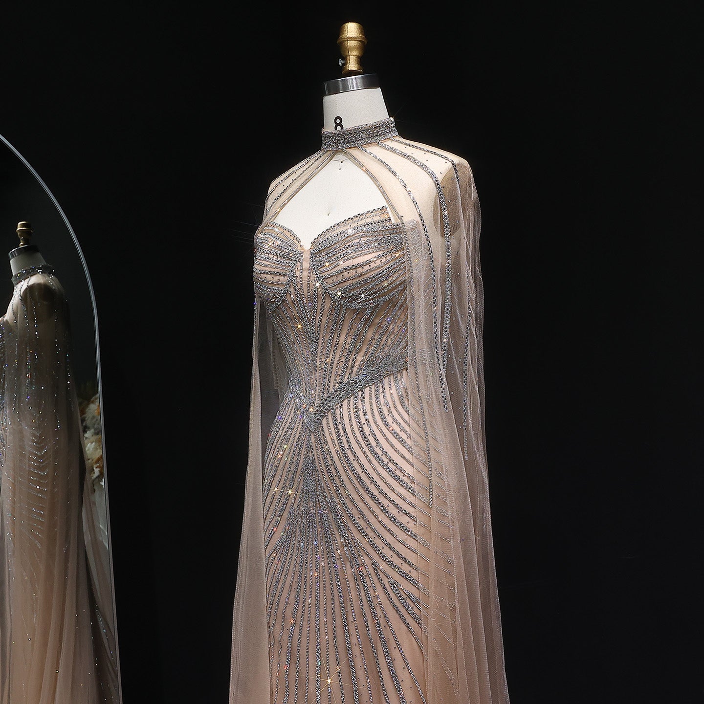 Glamorous Champagne Beaded Prom Dress with Cape Effect and Keyhole Neck SH309 Sheer Fairy