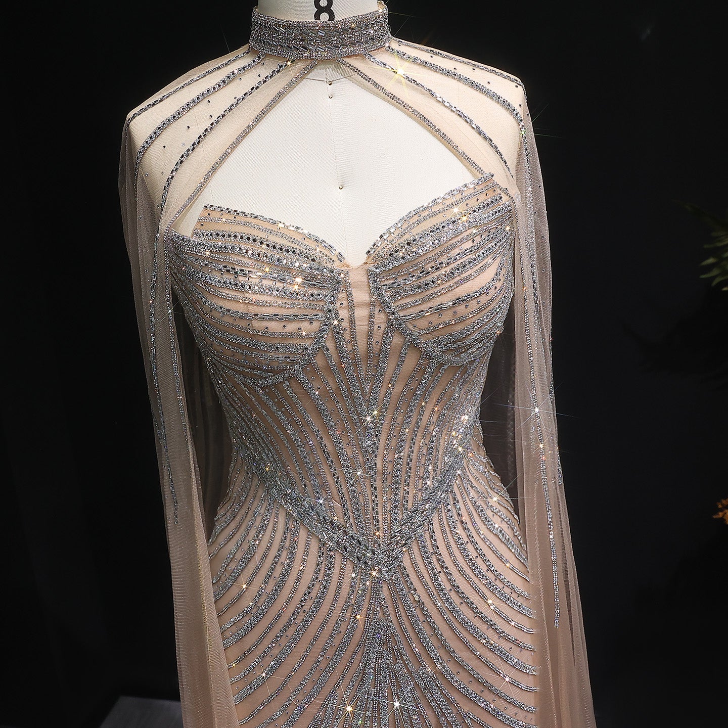 Glamorous Champagne Beaded Prom Dress with Cape Effect and Keyhole Neck SH309 Sheer Fairy