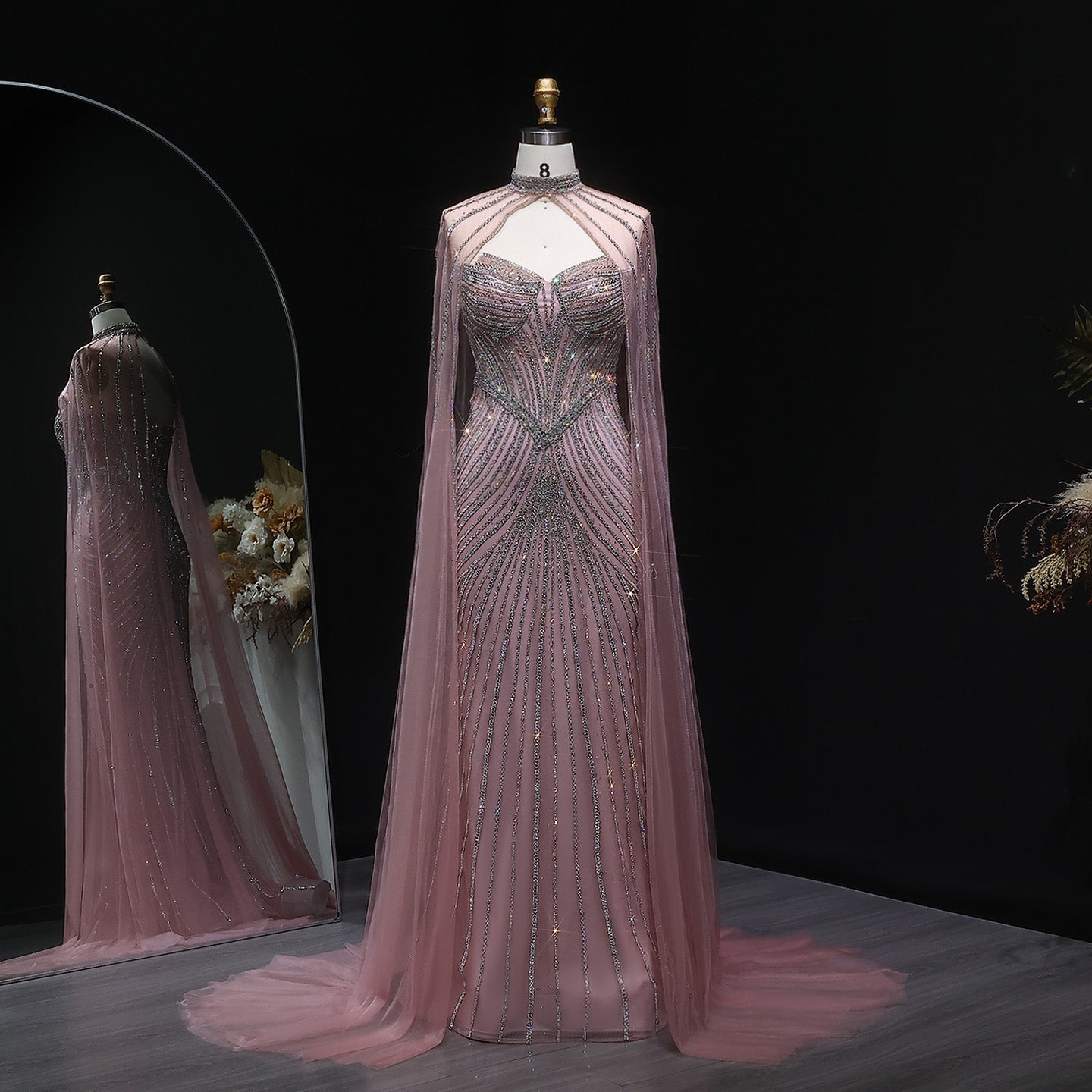 Glamorous Champagne Beaded Prom Dress with Cape Effect and Keyhole Neck SH309 Sheer Fairy