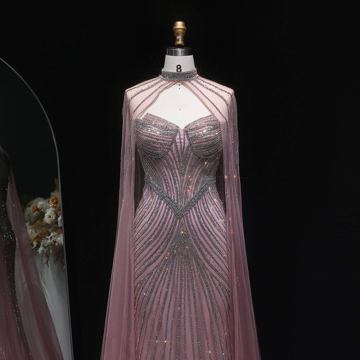 Glamorous Champagne Beaded Prom Dress with Cape Effect and Keyhole Neck SH309 Sheer Fairy