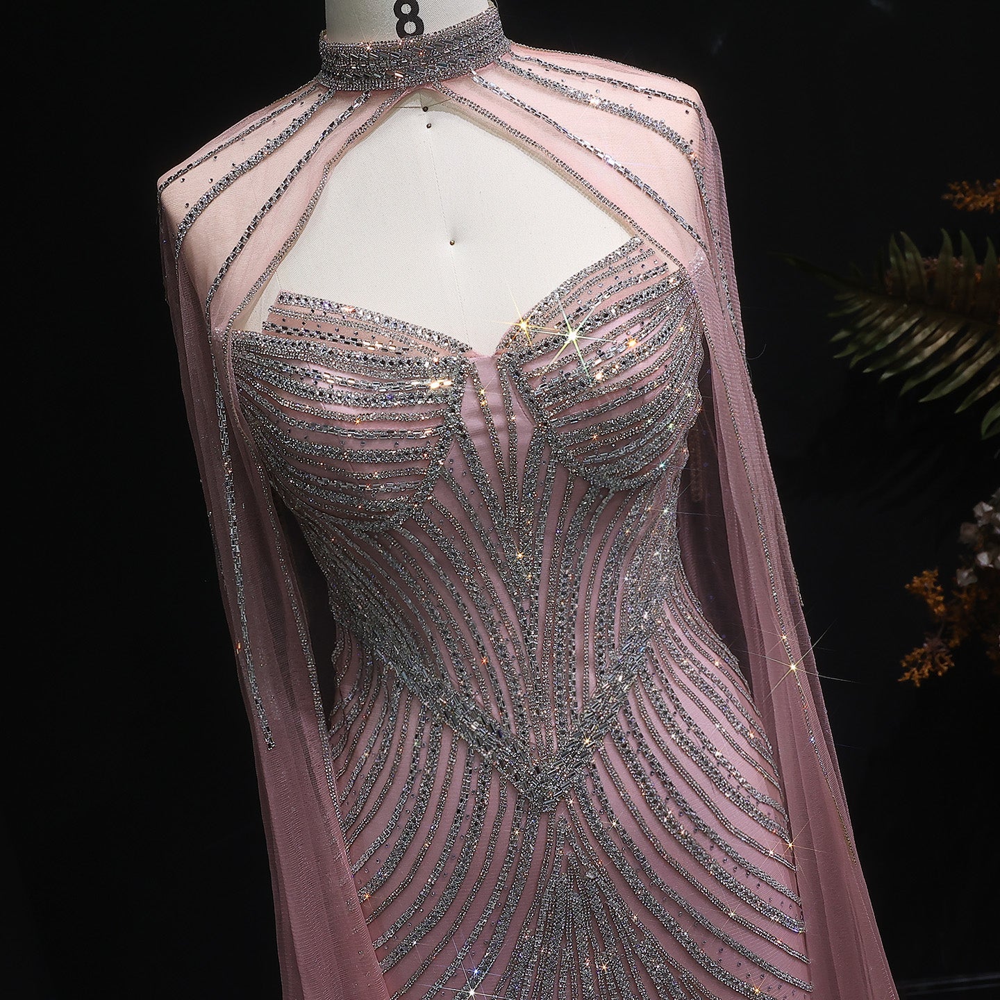 Glamorous Champagne Beaded Prom Dress with Cape Effect and Keyhole Neck SH309 Sheer Fairy