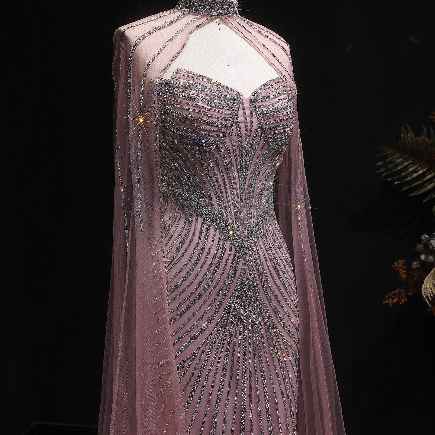 Glamorous Champagne Beaded Prom Dress with Cape Effect and Keyhole Neck SH309 Sheer Fairy