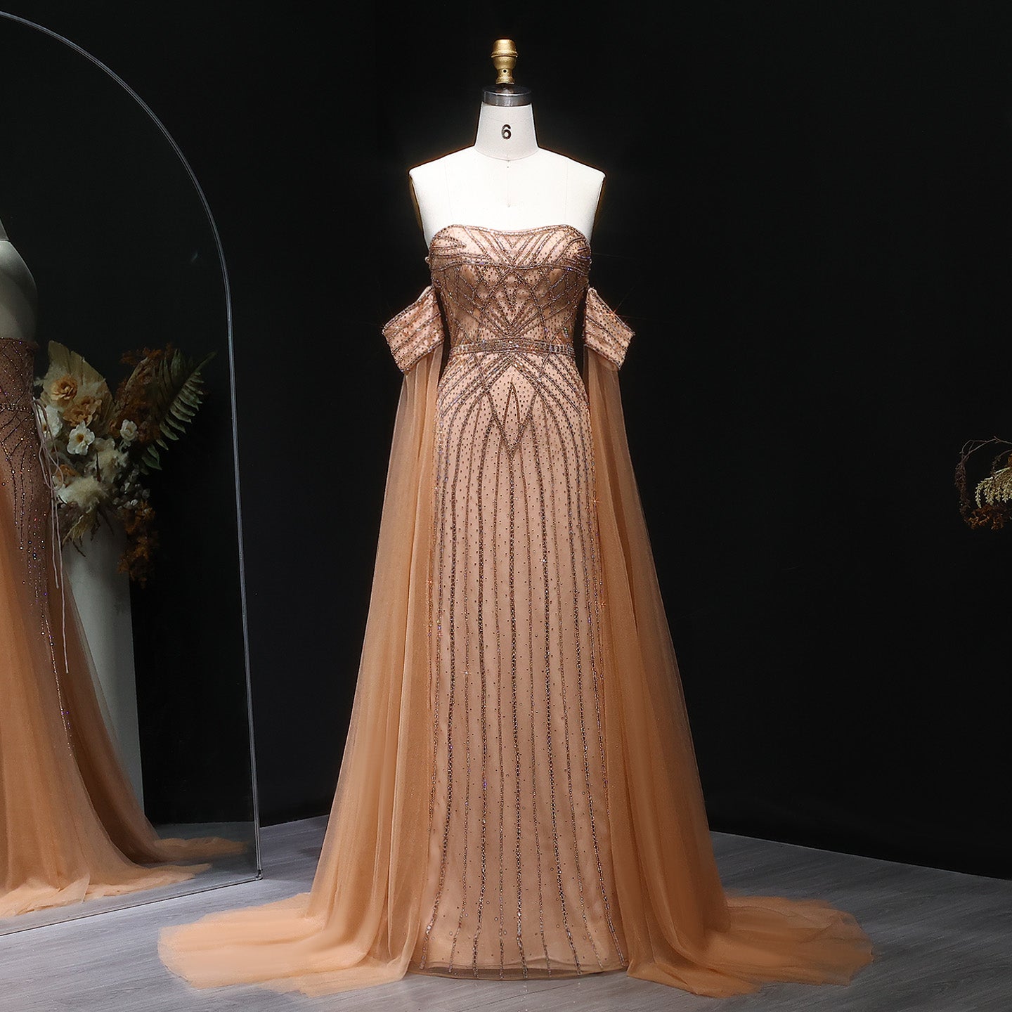 Elegant Strapless Beaded Mermaid Prom Dress with Detachable Tulle Cape Sleeves SH311 Sheer Fairy