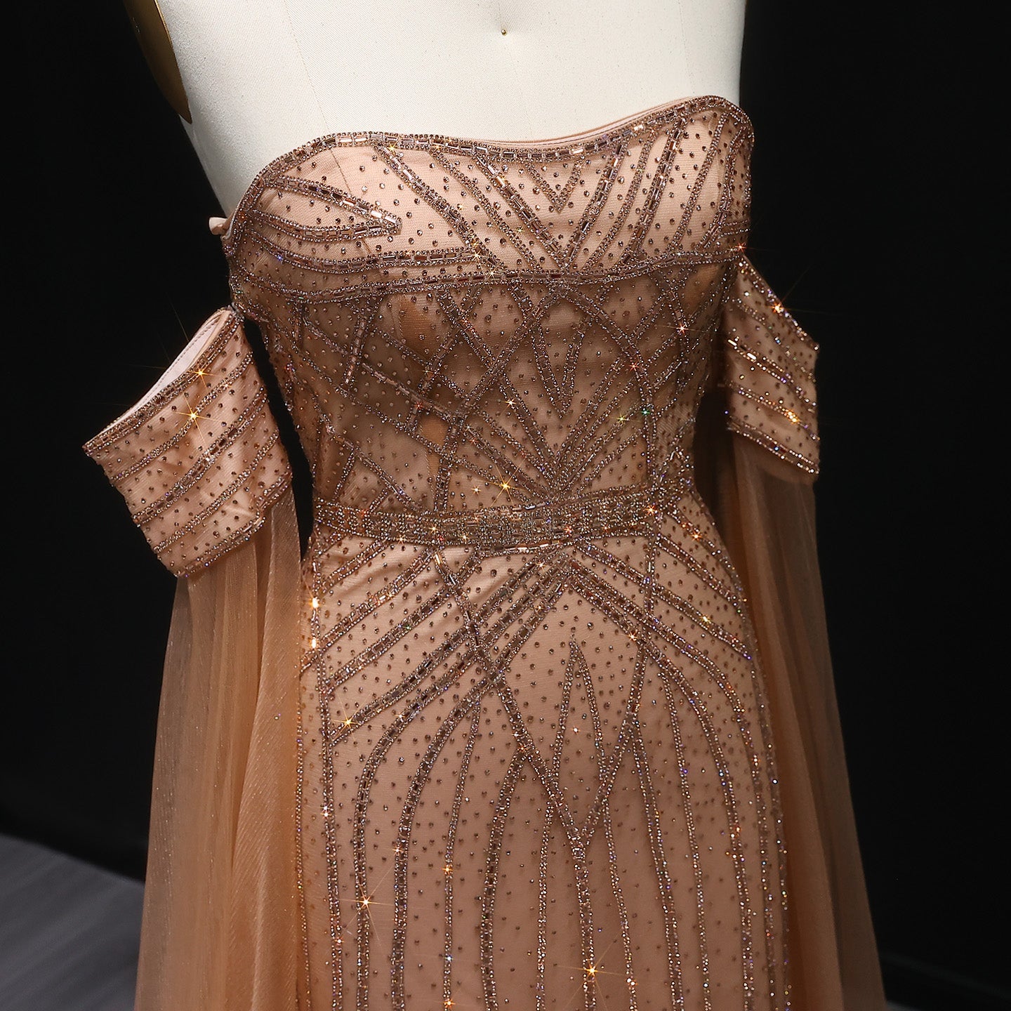 Elegant Strapless Beaded Mermaid Prom Dress with Detachable Tulle Cape Sleeves SH311 Sheer Fairy