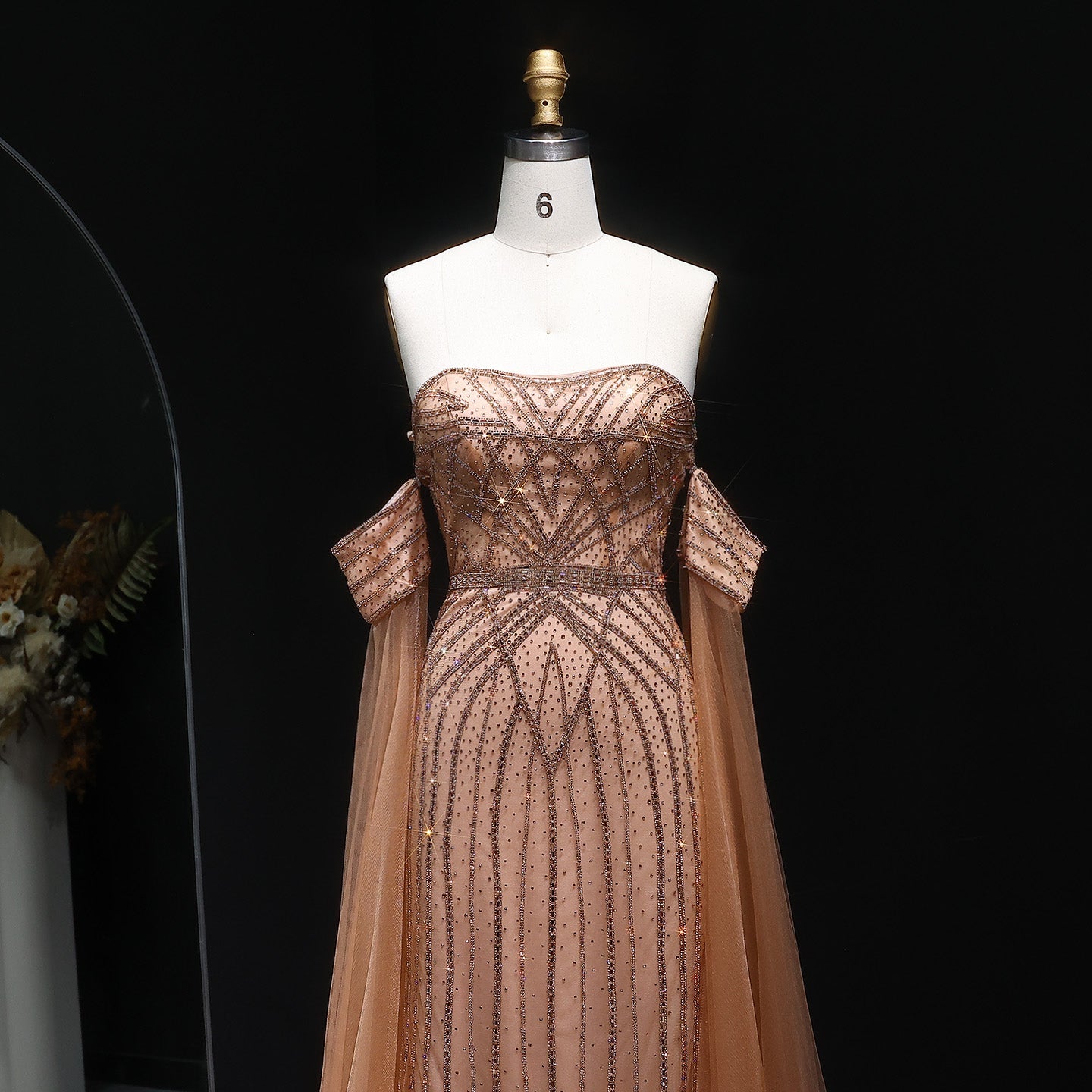 Elegant Strapless Beaded Mermaid Prom Dress with Detachable Tulle Cape Sleeves SH311 Sheer Fairy