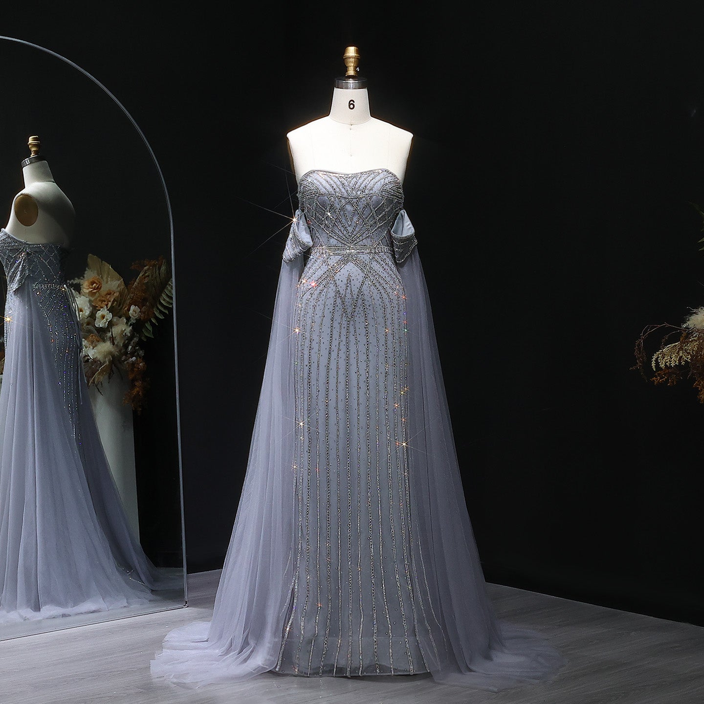 Elegant Strapless Beaded Mermaid Prom Dress with Detachable Tulle Cape Sleeves SH311 Sheer Fairy