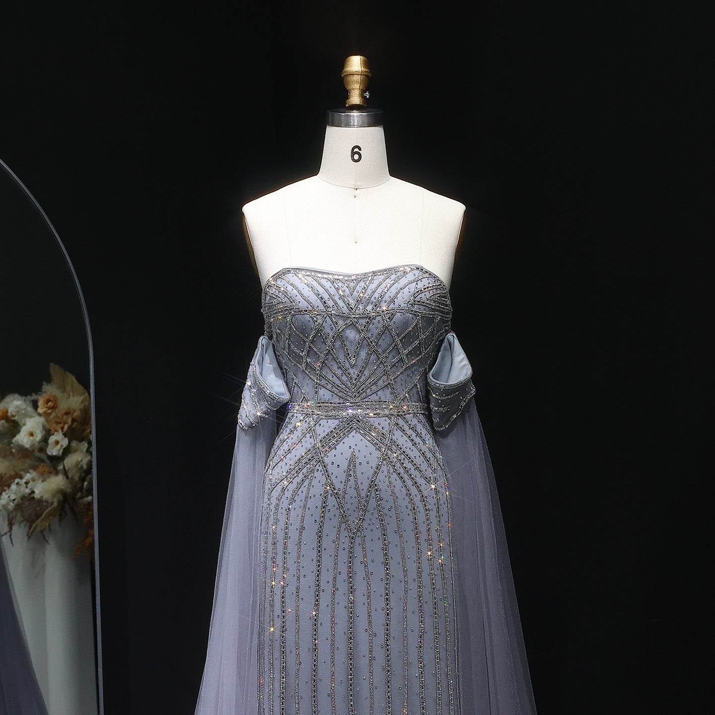 Elegant Strapless Beaded Mermaid Prom Dress with Detachable Tulle Cape Sleeves SH311 Sheer Fairy