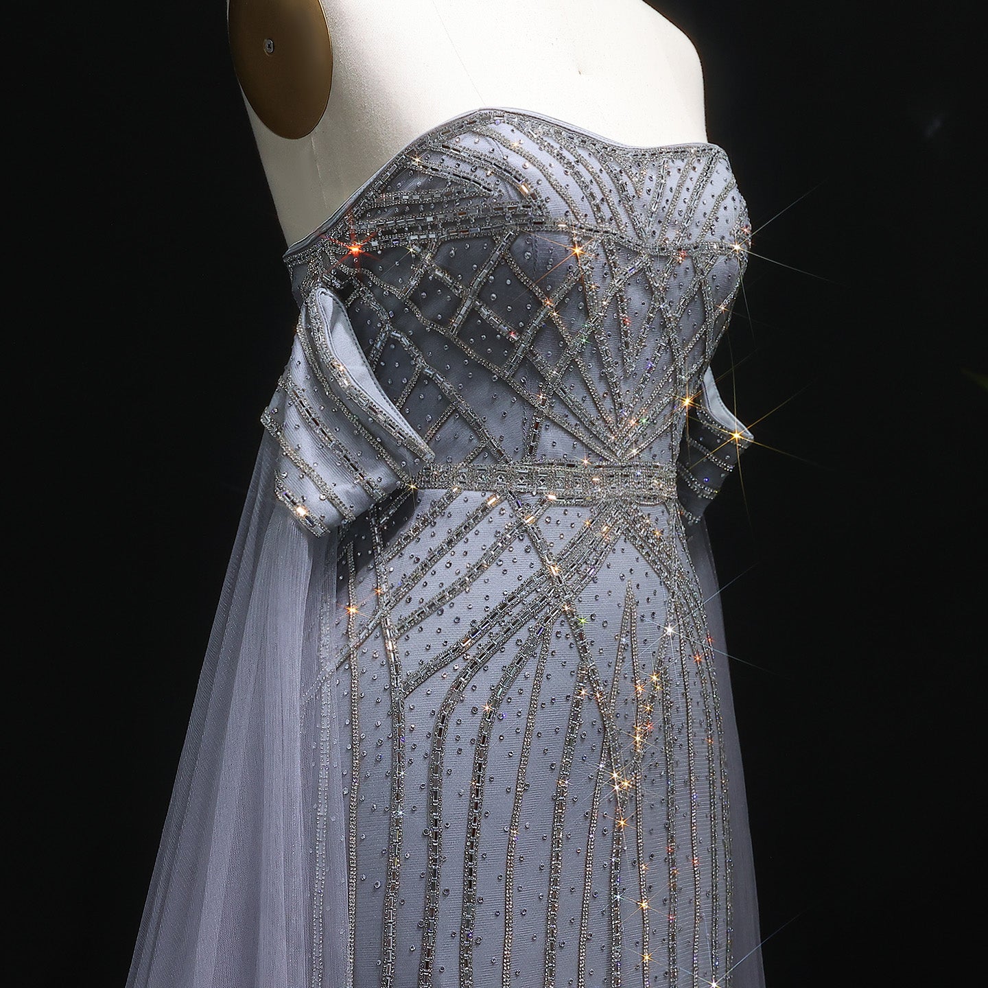 Elegant Strapless Beaded Mermaid Prom Dress with Detachable Tulle Cape Sleeves SH311 Sheer Fairy