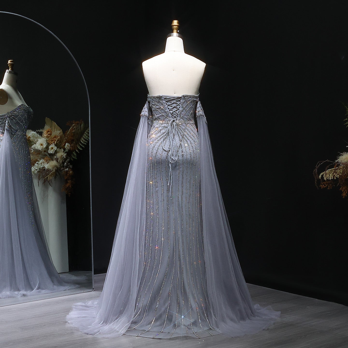 Elegant Strapless Beaded Mermaid Prom Dress with Detachable Tulle Cape Sleeves SH311 Sheer Fairy