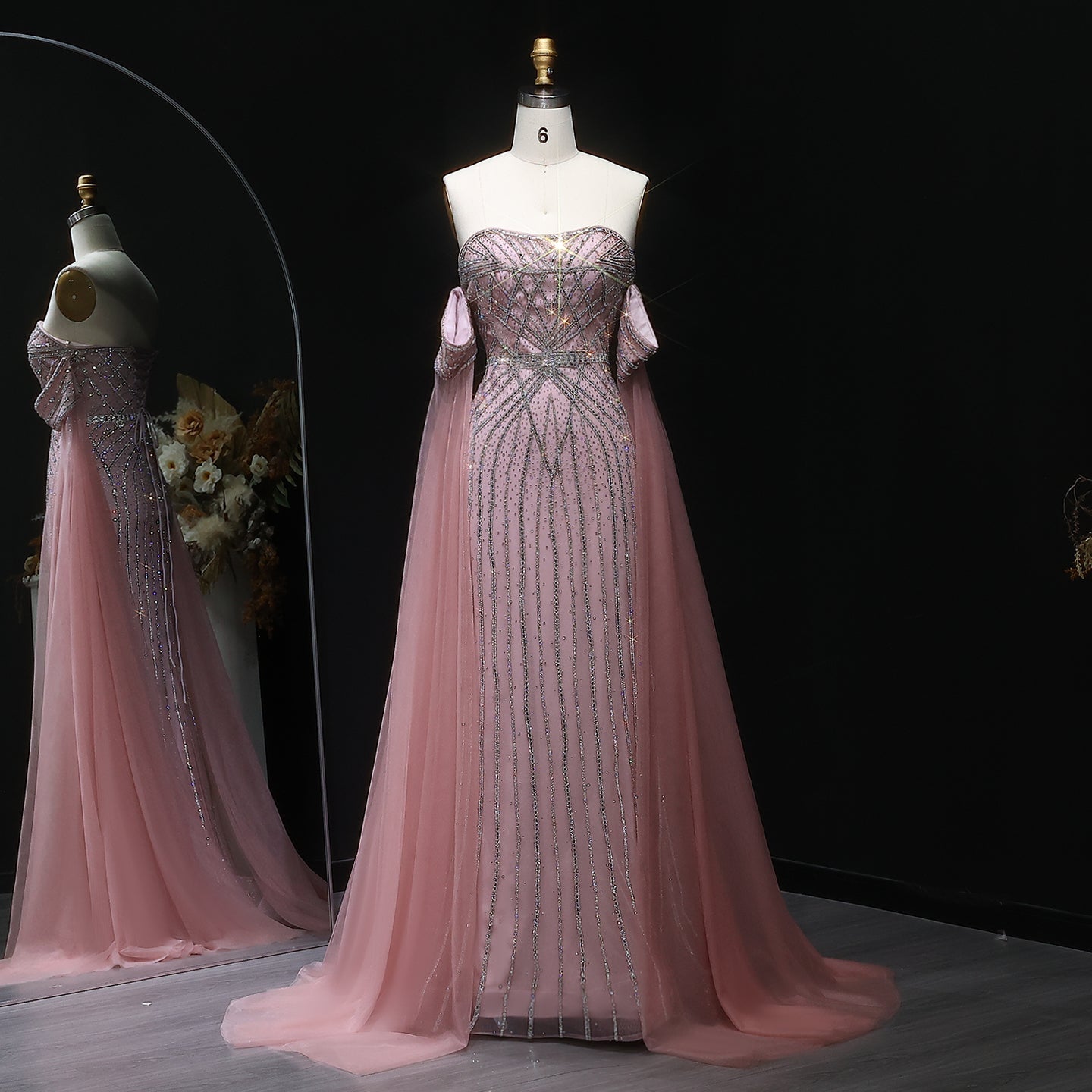 Elegant Strapless Beaded Mermaid Prom Dress with Detachable Tulle Cape Sleeves SH311 Sheer Fairy