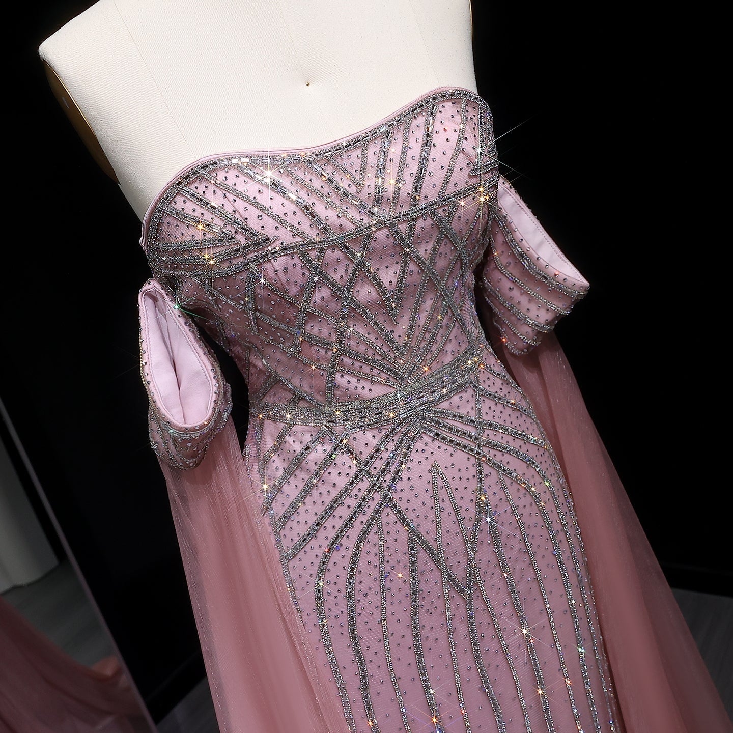 Elegant Strapless Beaded Mermaid Prom Dress with Detachable Tulle Cape Sleeves SH311 Sheer Fairy
