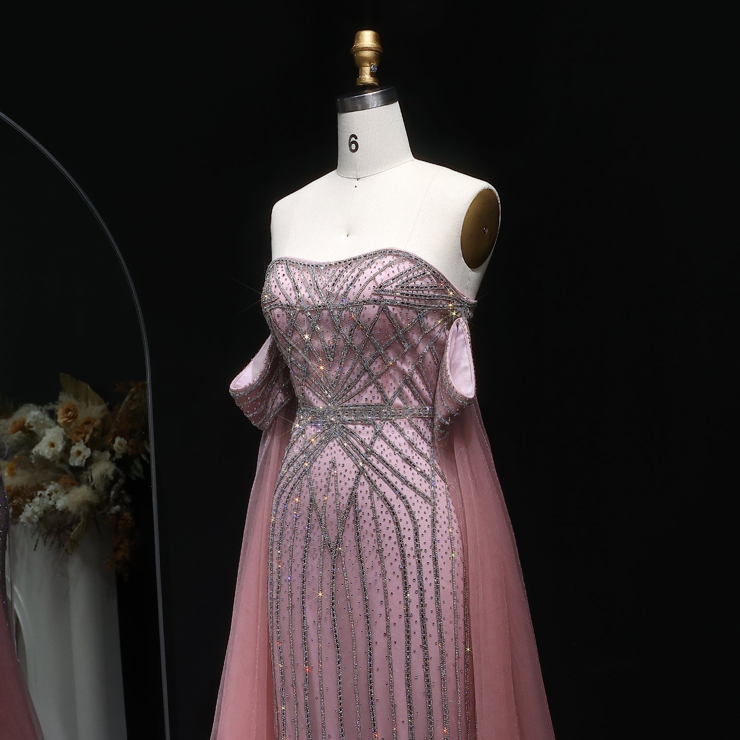 Elegant Strapless Beaded Mermaid Prom Dress with Detachable Tulle Cape Sleeves SH311 Sheer Fairy