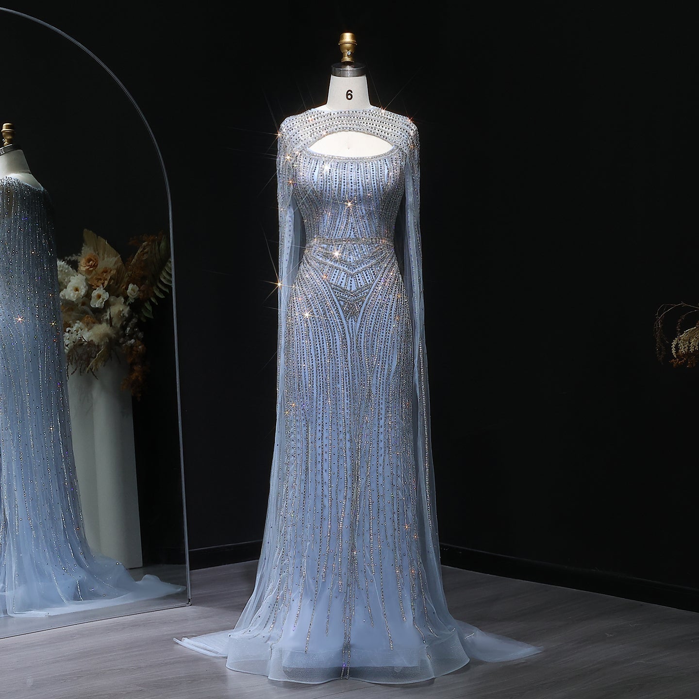 Glamorous Light Blue Beaded Prom Dress with Cape Overlay and Keyhole Neck SH312 Sheer Fairy