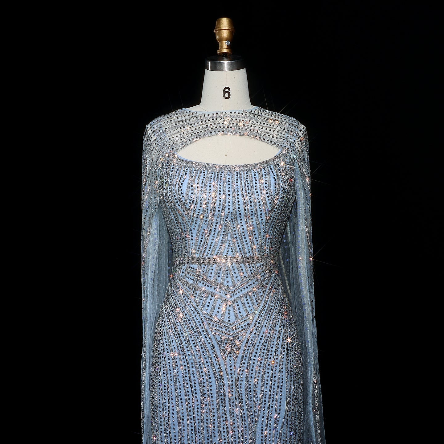 Glamorous Light Blue Beaded Prom Dress with Cape Overlay and Keyhole Neck SH312 Sheer Fairy