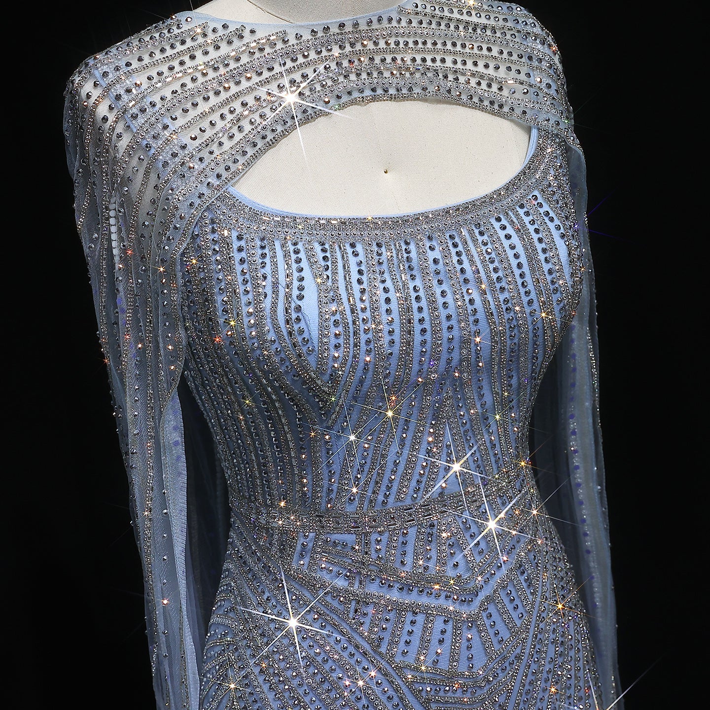 Glamorous Light Blue Beaded Prom Dress with Cape Overlay and Keyhole Neck SH312 Sheer Fairy