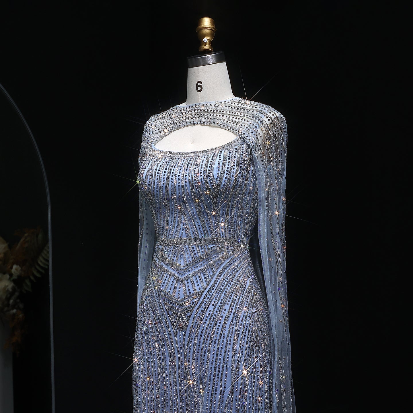 Glamorous Light Blue Beaded Prom Dress with Cape Overlay and Keyhole Neck SH312 Sheer Fairy