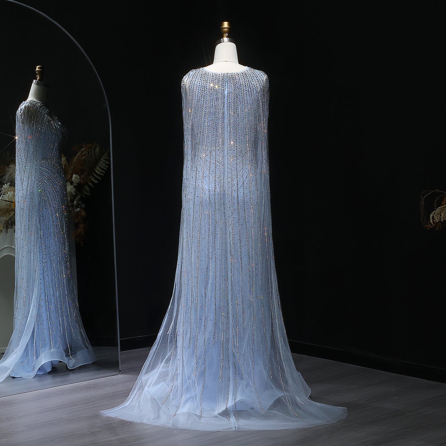 Glamorous Light Blue Beaded Prom Dress with Cape Overlay and Keyhole Neck SH312 Sheer Fairy