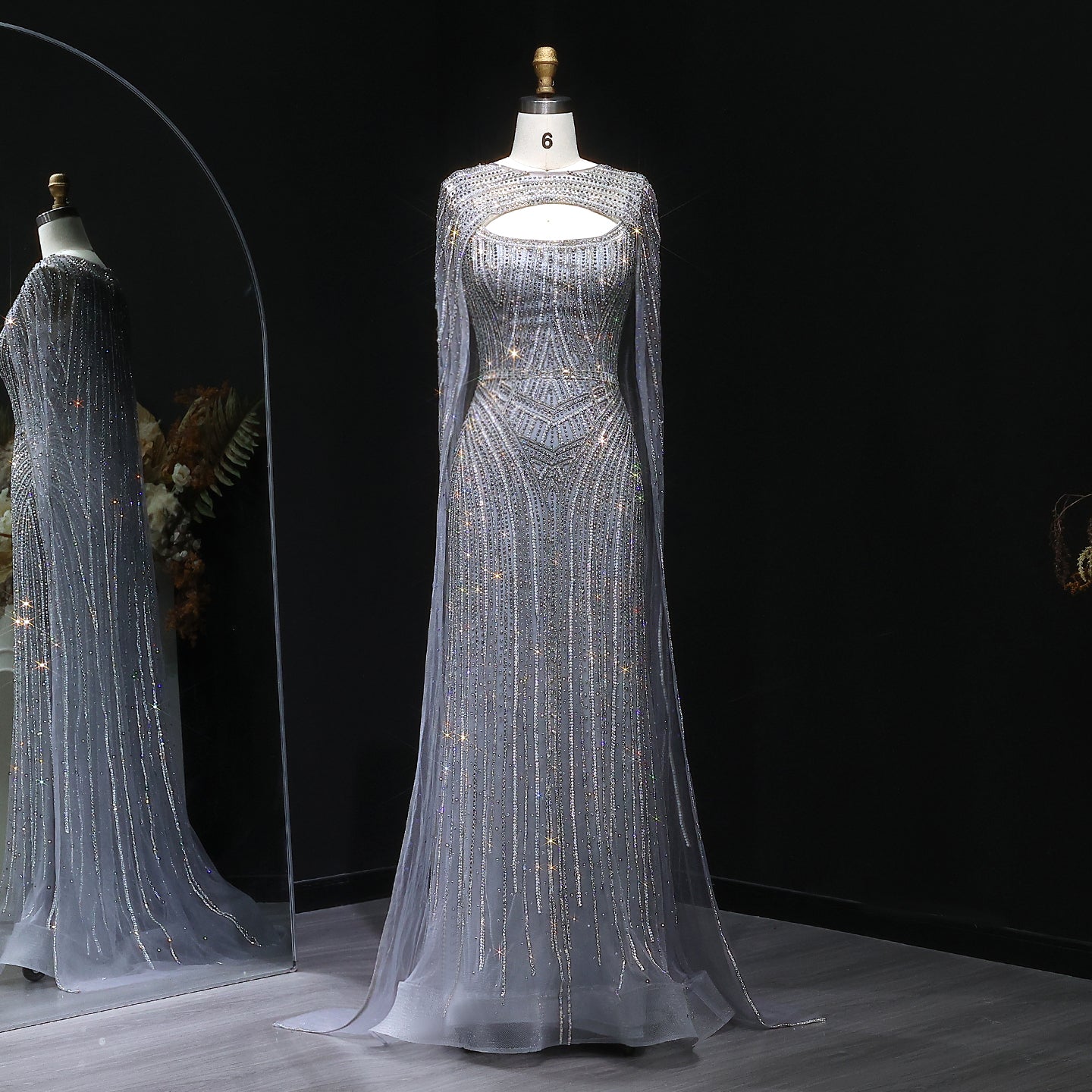 Glamorous Light Blue Beaded Prom Dress with Cape Overlay and Keyhole Neck SH312 Sheer Fairy