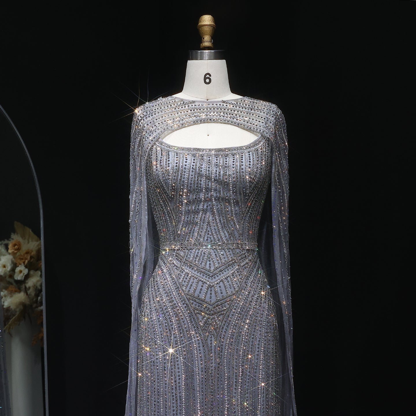 Glamorous Light Blue Beaded Prom Dress with Cape Overlay and Keyhole Neck SH312 Sheer Fairy