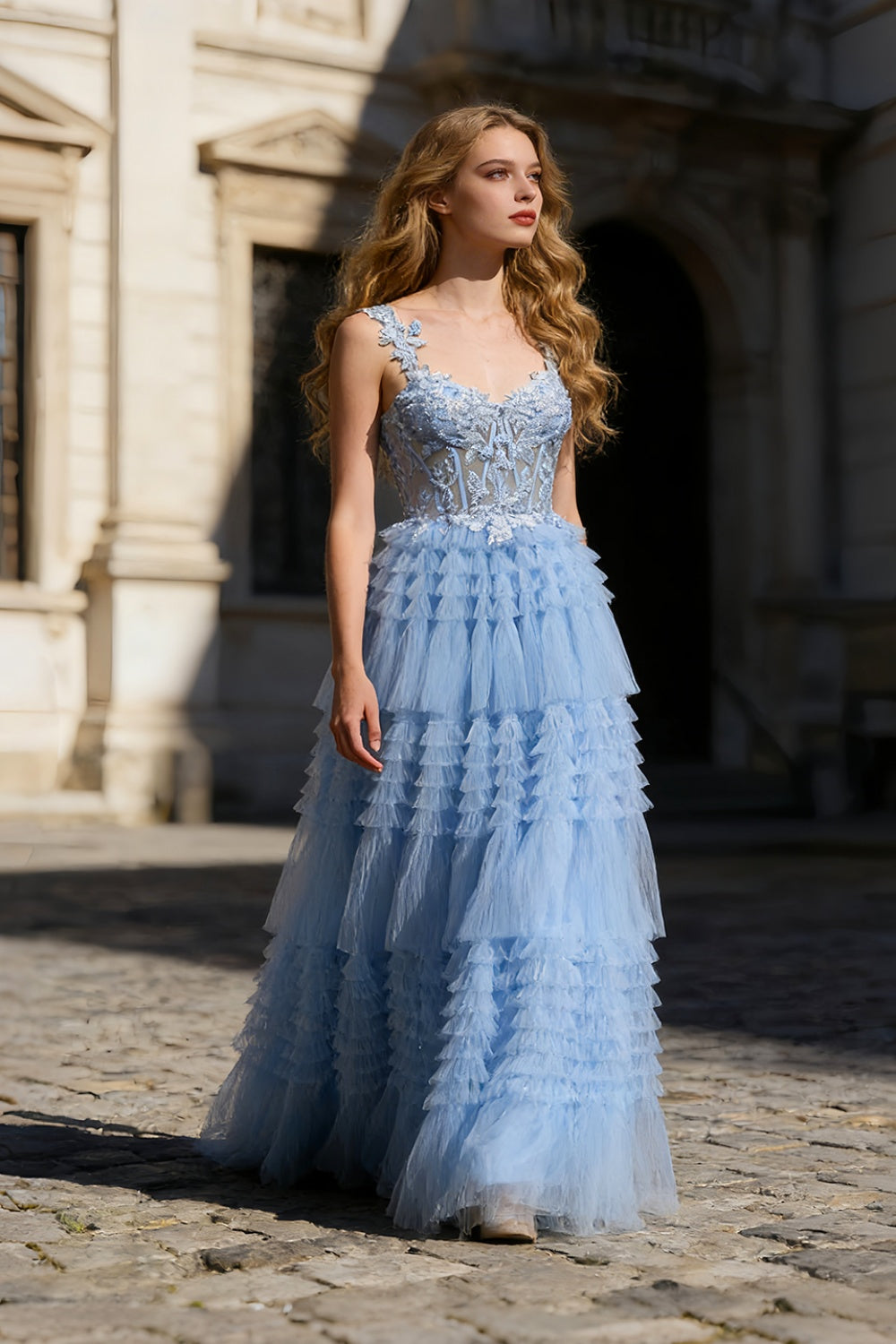 Blue Tiered Sheer Tulle Long Evening Dress SH359 Sheer Fairy