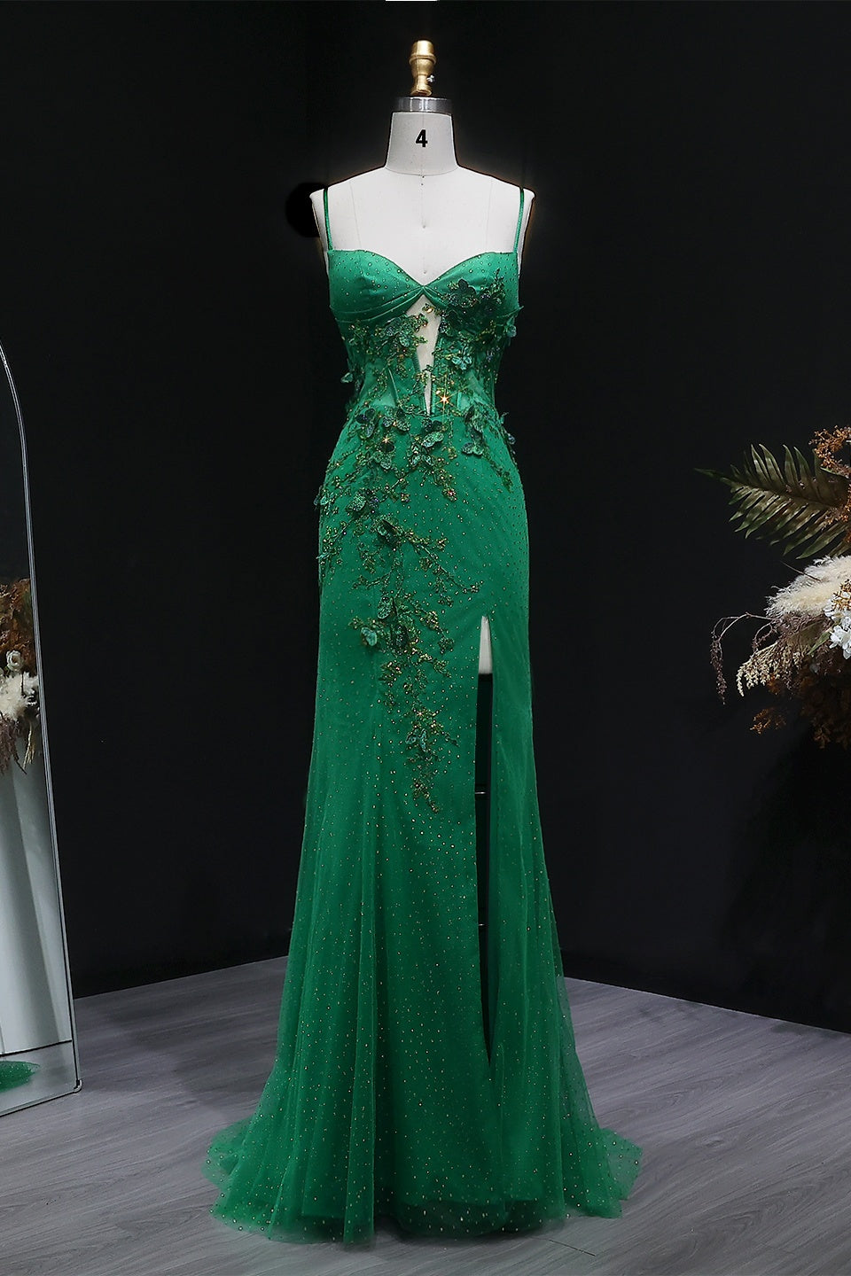 Emerald Green Glitter Tulle Mermaid Prom Dress with Cross-Strap Back SH381 Sheer Fairy