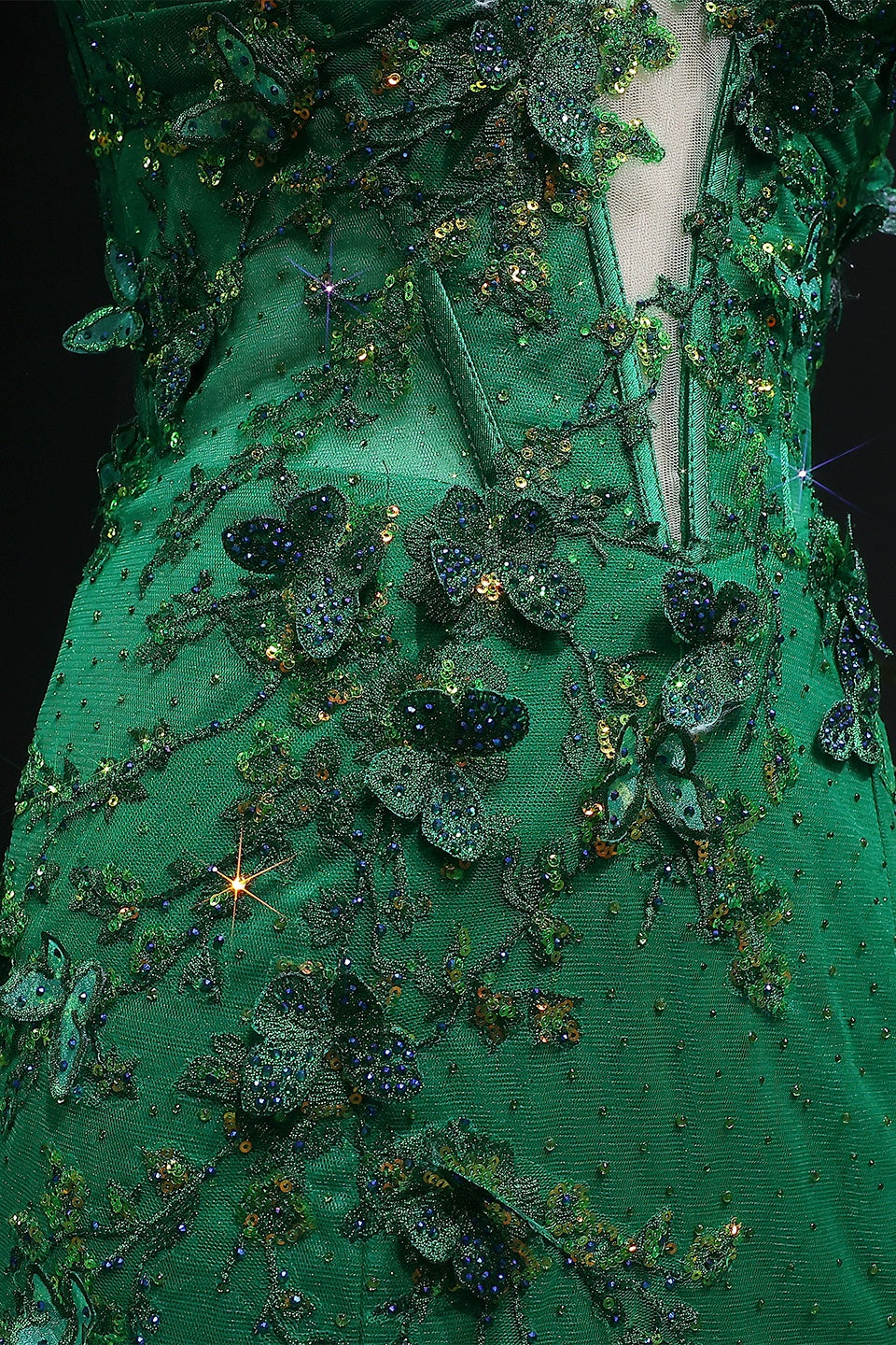 Emerald Green Glitter Tulle Mermaid Prom Dress with Cross-Strap Back SH381 Sheer Fairy