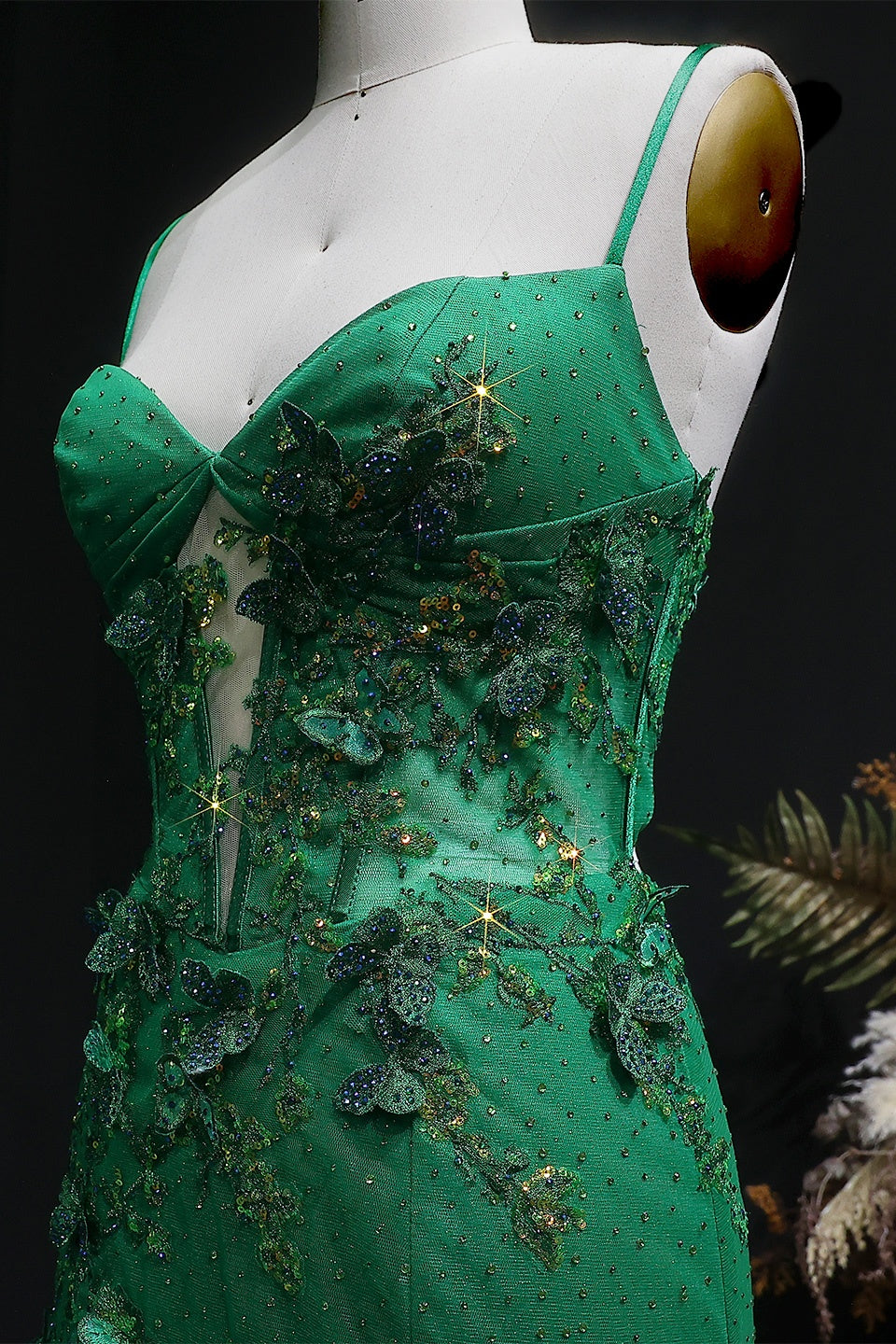 Emerald Green Glitter Tulle Mermaid Prom Dress with Cross-Strap Back SH381 Sheer Fairy